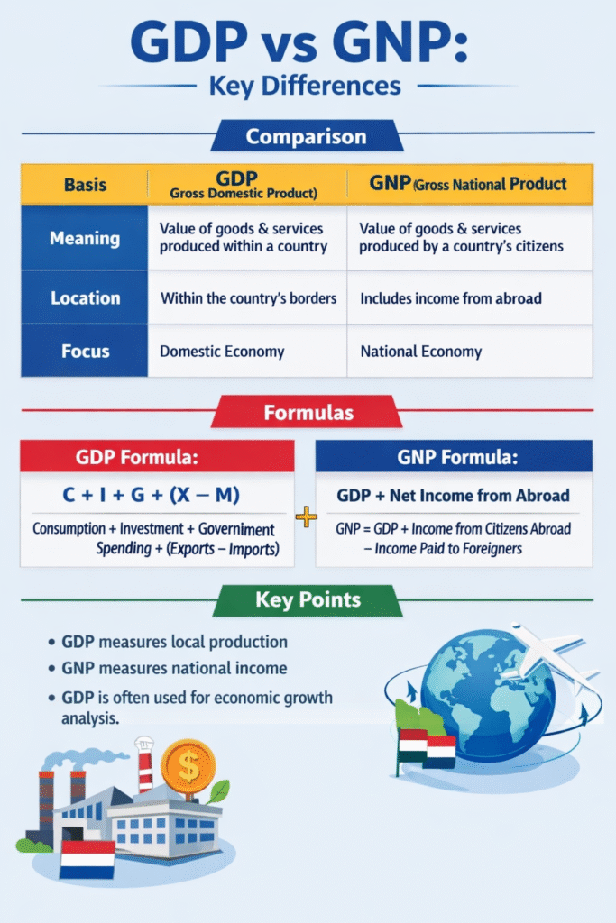 GDP vs GNP difference explained with comparison table, formulas and key economic concepts diagram